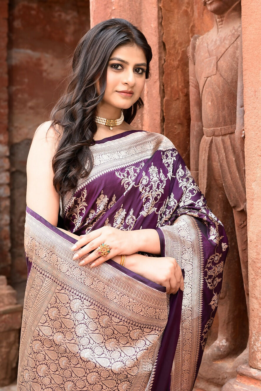 Joban Fashion Purple Pure Katan Pure Handloom Banarasi Silk Saree | Grocsy