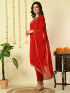 Myshka Women's Red Georgette Kurta & Trousers With Dupatta Party Sets | Grocsy