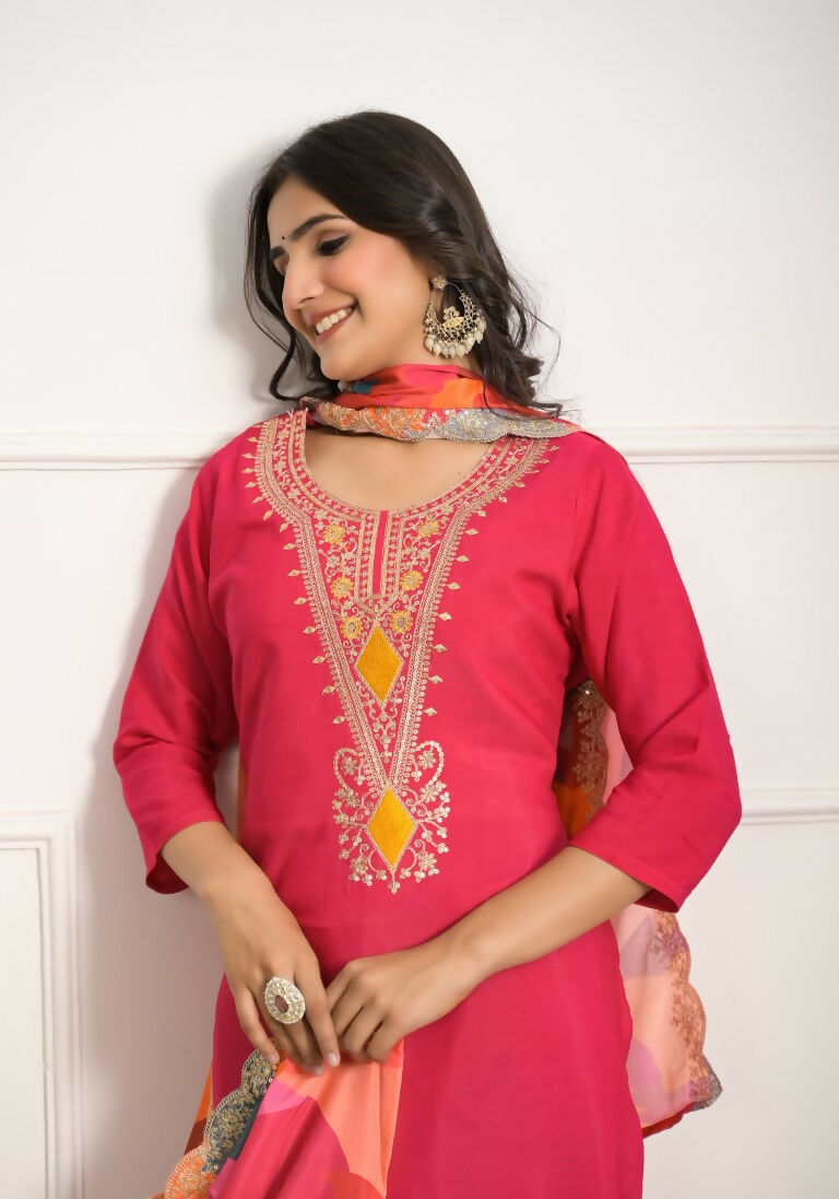 Festive Wear Ethnic Red silk viscose Stitched Suit With Dupatta - Tanisha | Grocsy