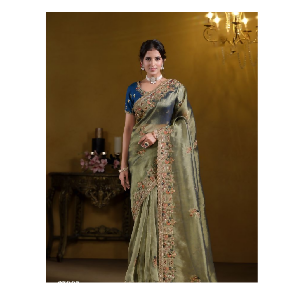Green Pure Georgette Pure Khatli work Designer Saree With Blouse. - Rajasvi | Grocsy