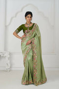 Kesar Fab Mehendi Color With Multi-Thread And Sequins Embroidery For Wedding Saree | Grocsy