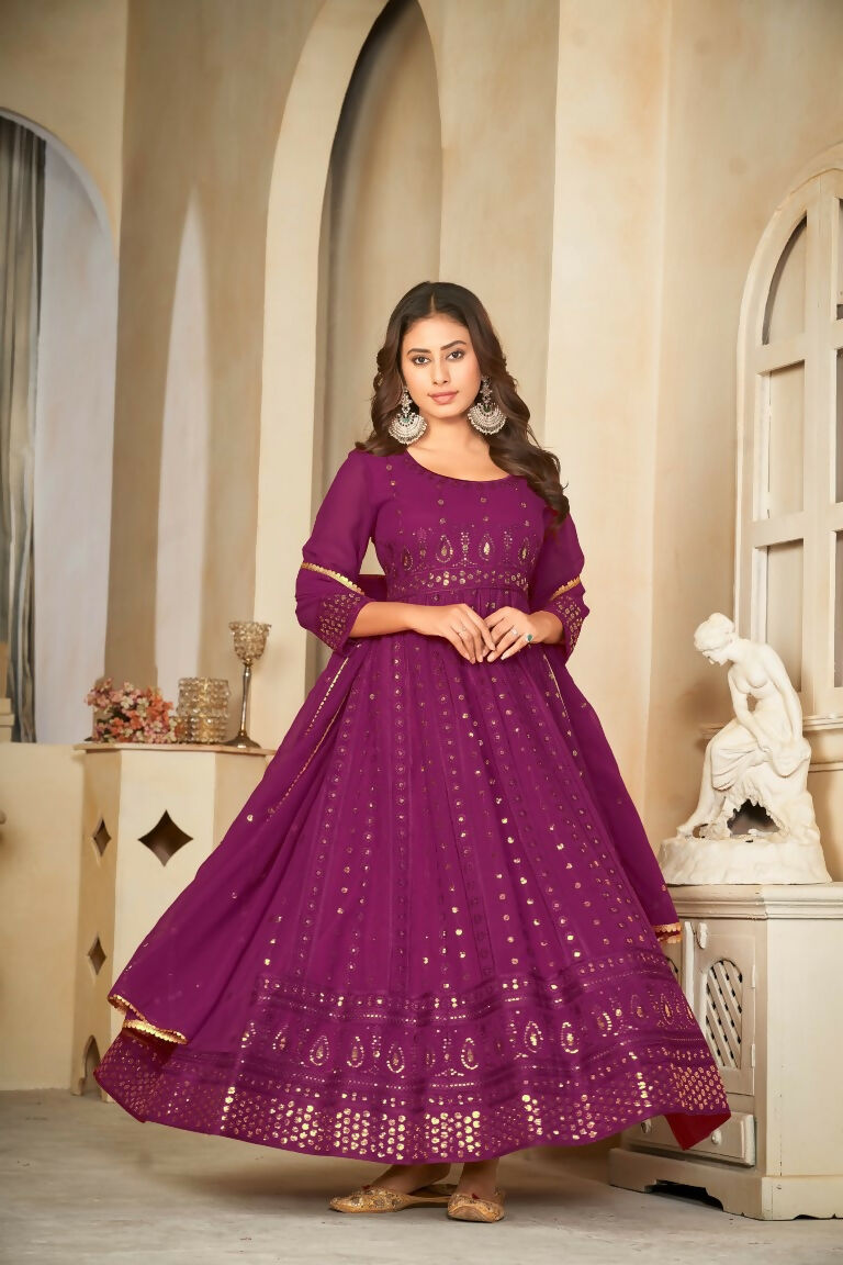Jyoti Fashion Women's Wine Georgette Embroidered Anarkali Kurta Pant Set With Dupatta | Grocsy