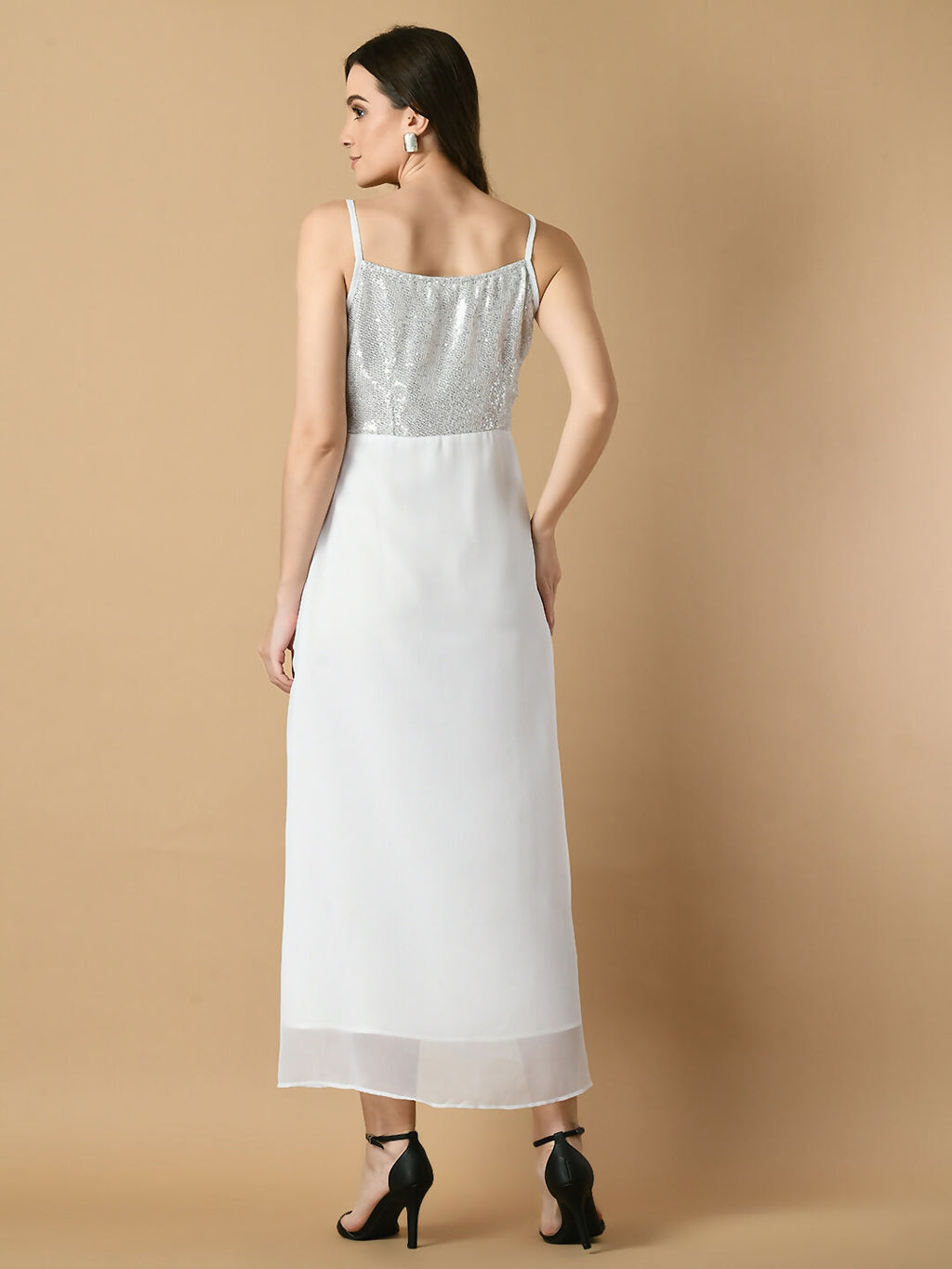 Myshka Women's White Solid Georgette Party Dress | Grocsy