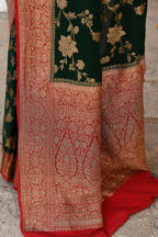 Joban Fashion Green Crepe Chiffon Pure Handloom Banarasi Silk Saree | Grocsy