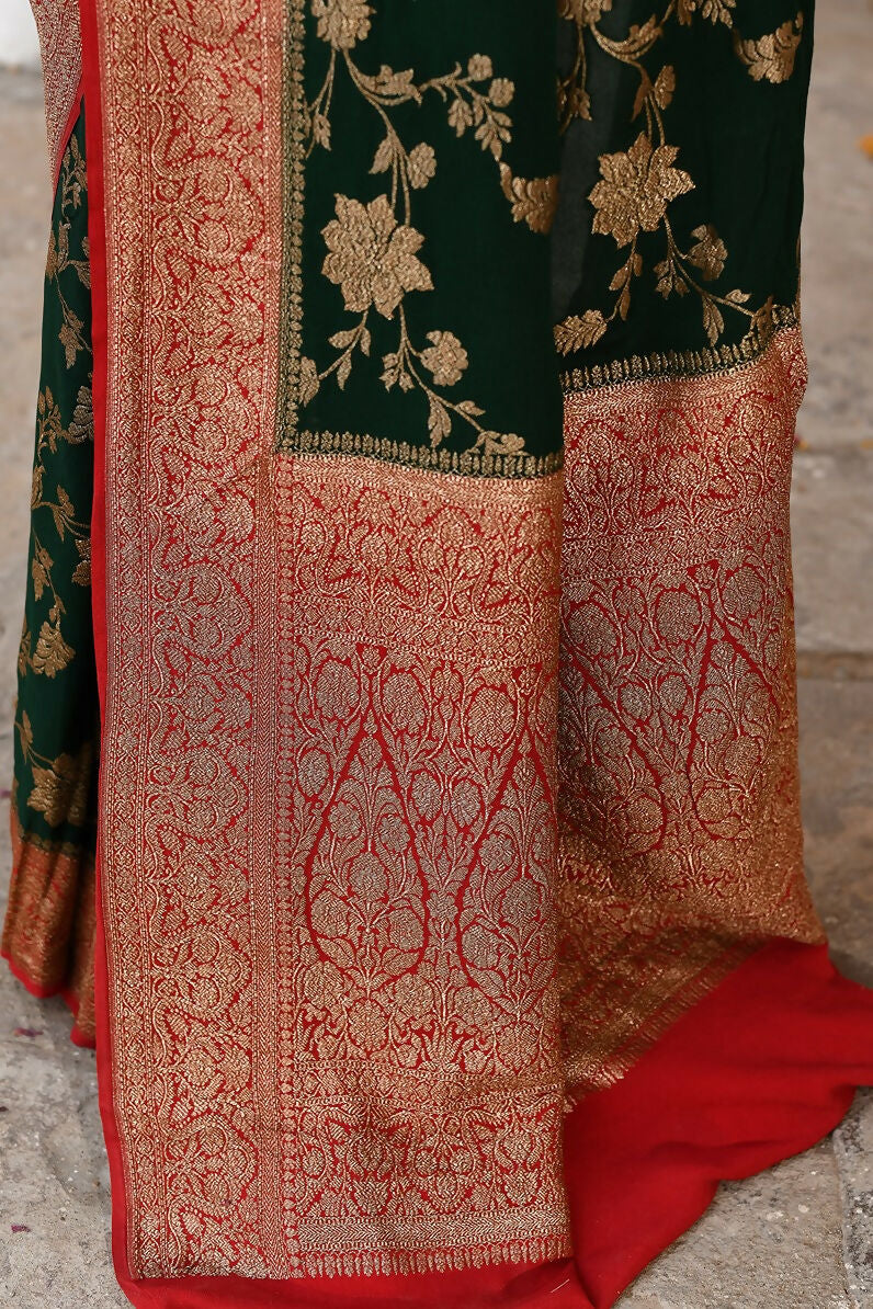 Joban Fashion Green Crepe Chiffon Pure Handloom Banarasi Silk Saree | Grocsy