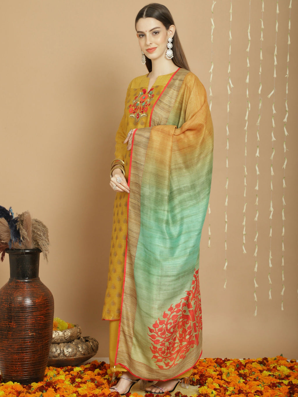 Jyoti Fashion Women's Yellow Chanderi Silk Elegant Jardoshi Semi Kurta with Trouser & Dupatta | Grocsy