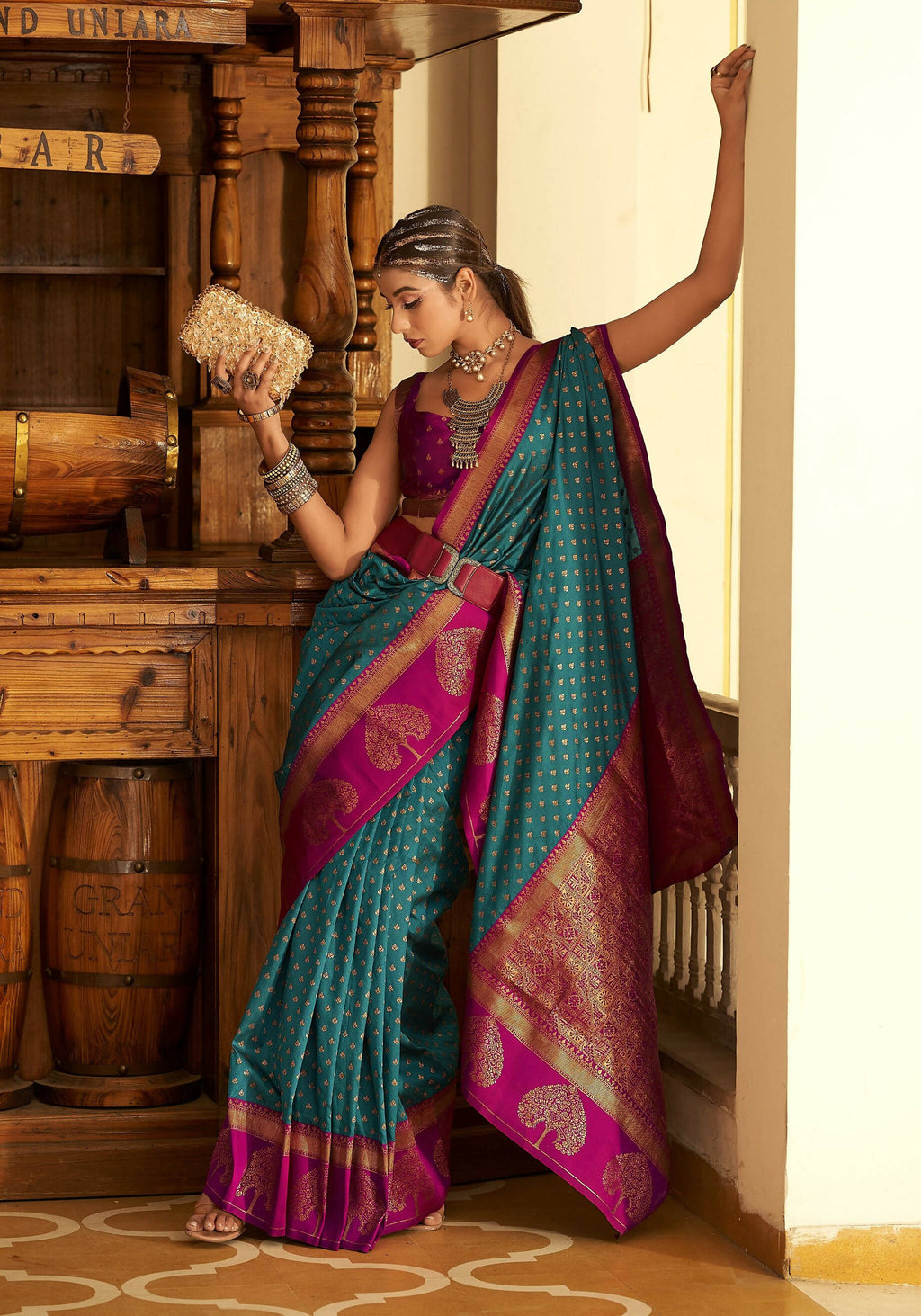 Blue Soft Banarasi Paithani Copper Zari Weaving Saree With Unstitched Blouse Piece - Jodha | Grocsy