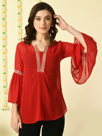 Myshka Women's Red Embroidered Party Fusion Top | Grocsy