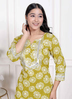 Miravan Women's Lime Yellow Block Printed Kurta with Palazzo | Grocsy