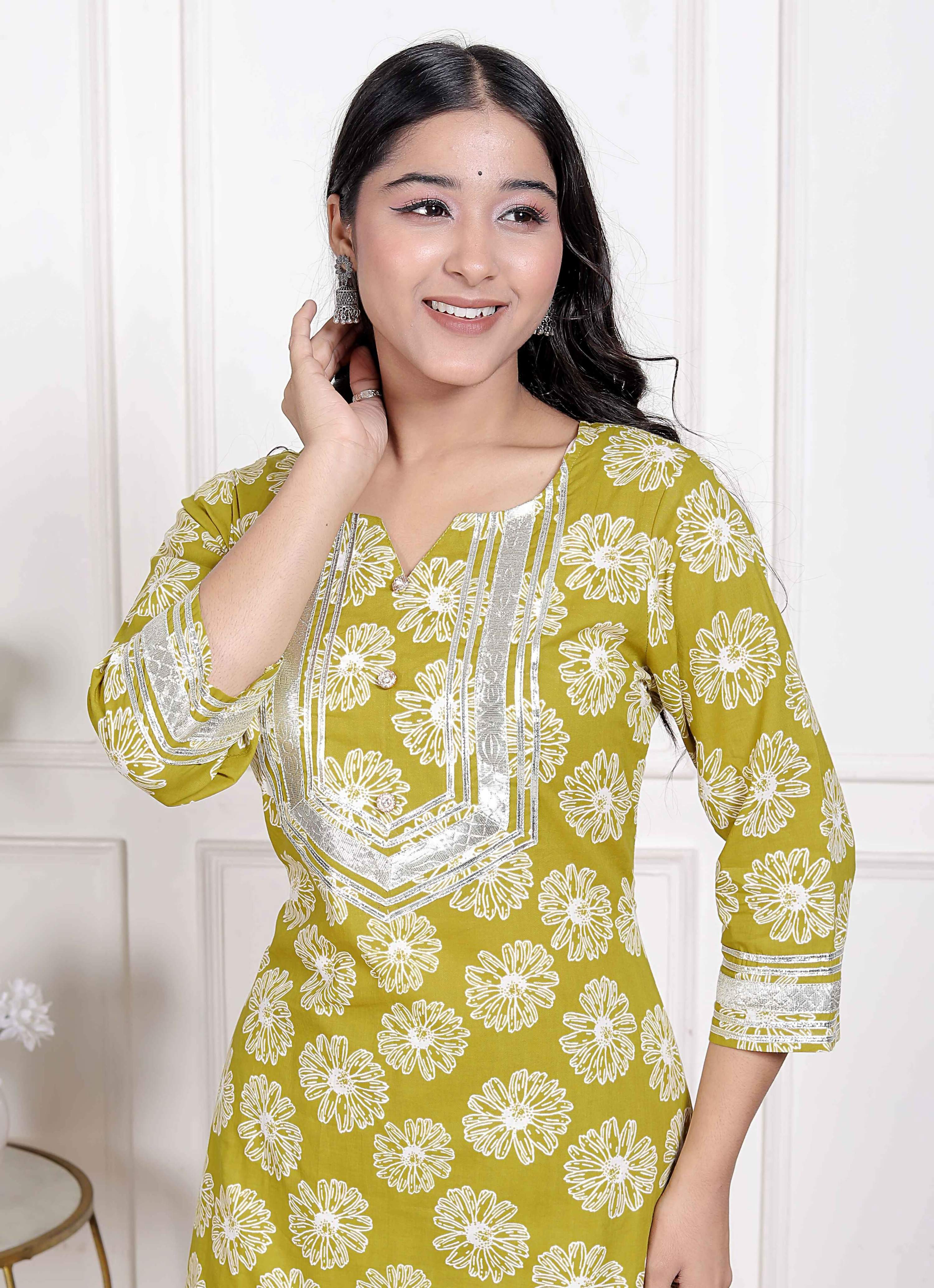 Miravan Women's Lime Yellow Block Printed Kurta with Palazzo | Grocsy
