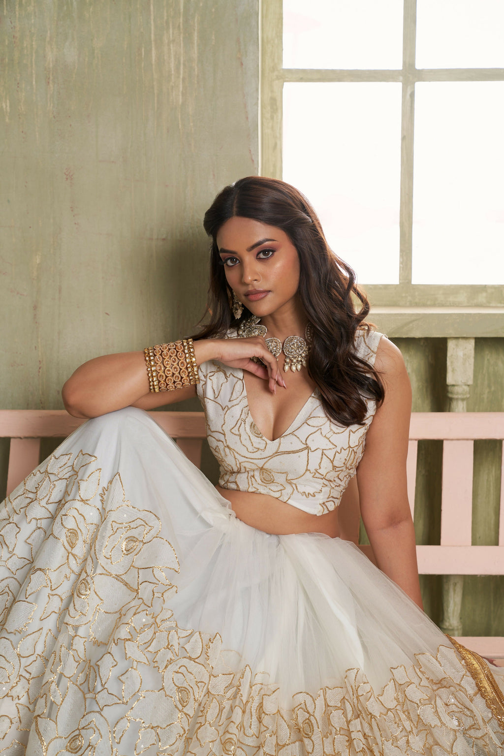 Eilara Off White Net Embroidered, Sequins And Thread Work A - Line Lehenga Choli For Engagement | Grocsy