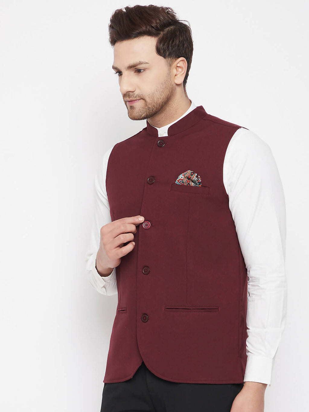 Even Apparels Maroon Merino Men's Nehru Jacket-Contrast Lining-Inbuilt Pocket Square | Grocsy