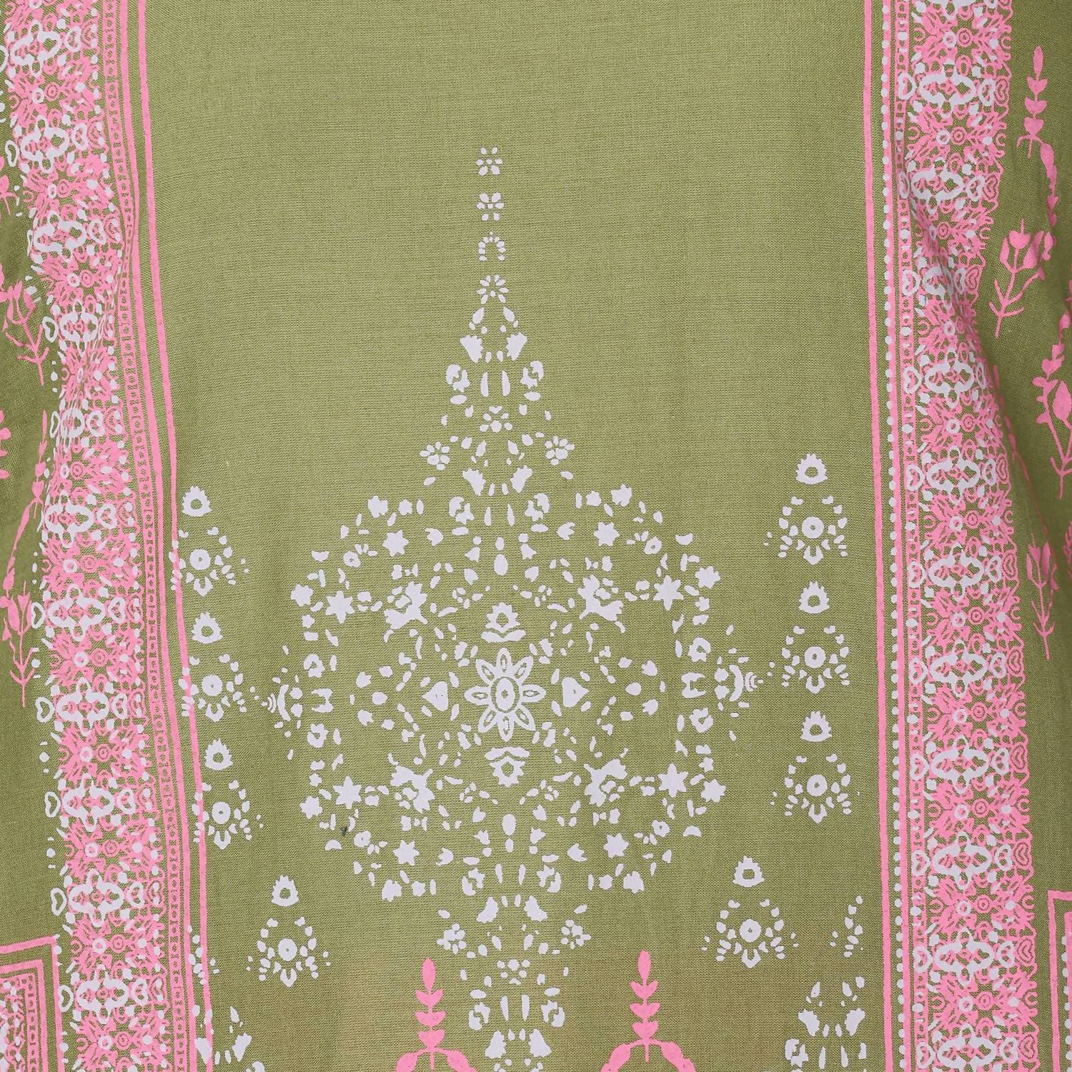 Cheera Hand Block Print Olive Green & Magenta Straight Kurta With Palazzo (MAAI-073K) | Grocsy