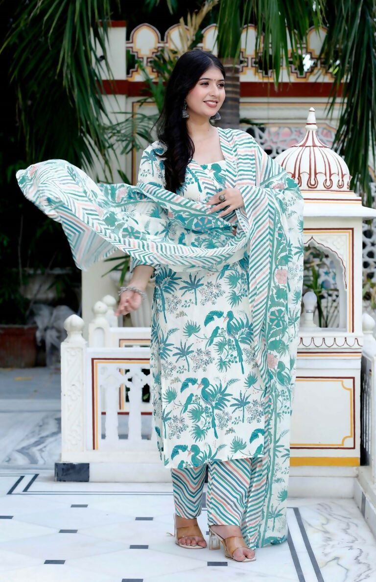 Miravan Women's Light Green Scenic Birds And Leaf Straight Pakistani Style Suit Set | Grocsy