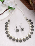 NVR Women's White Silver-Plated Choke Oxidized Necklace with Jhumka Earrings | Grocsy