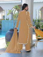 Nikhaar Light Brown Embroidered Modal Silk Stitched Straight Cut Kurta Culottes Dupatta Readymade Suit | Grocsy