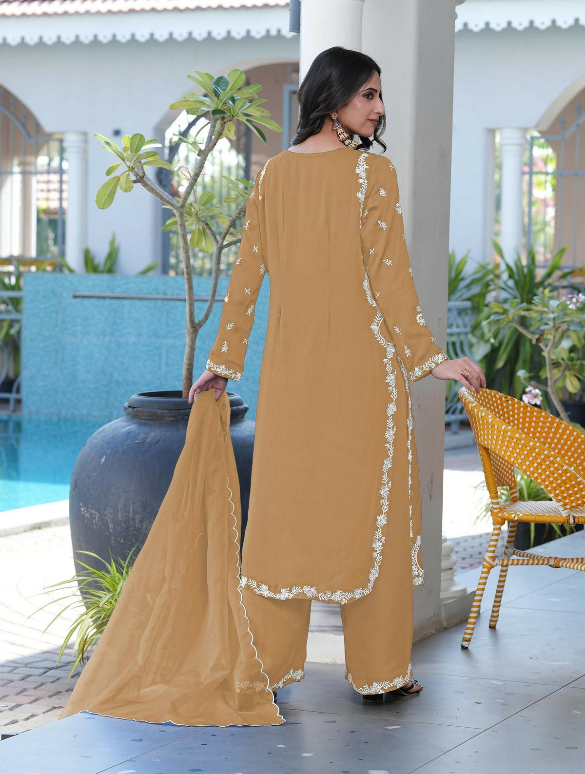 Nikhaar Light Brown Embroidered Modal Silk Stitched Straight Cut Kurta Culottes Dupatta Readymade Suit | Grocsy