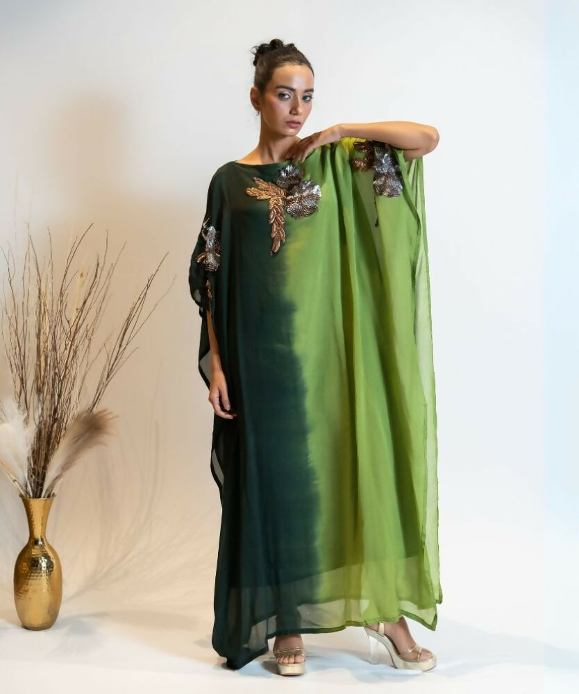Timaraa Forest Green Ombre Embellished Georgette Kaftan Dress | Grocsy