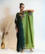 Timaraa Forest Green Ombre Embellished Georgette Kaftan Dress | Grocsy