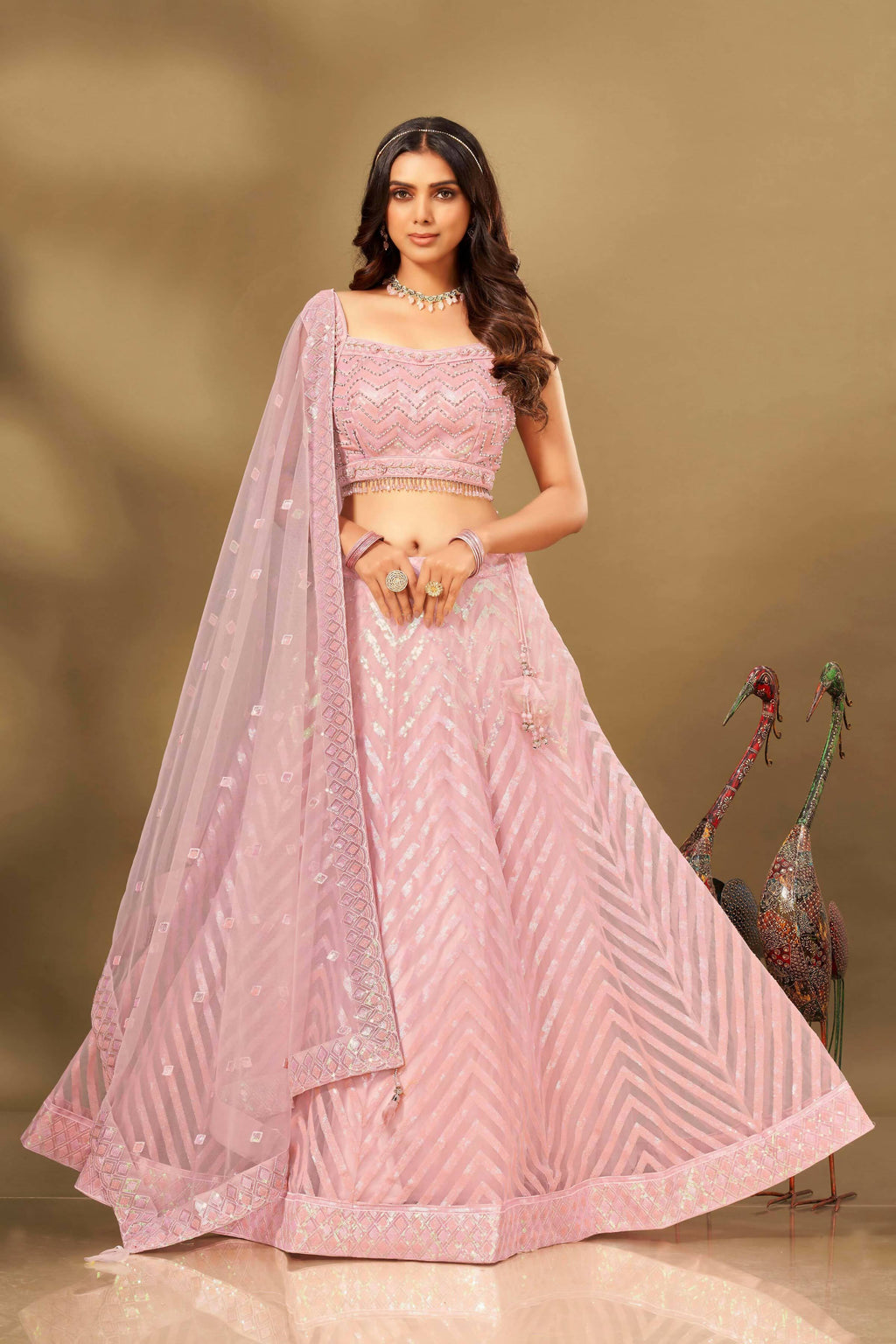 Pink Net Sequence work Lehenga Choli with Dupatta - Dhvani | Grocsy
