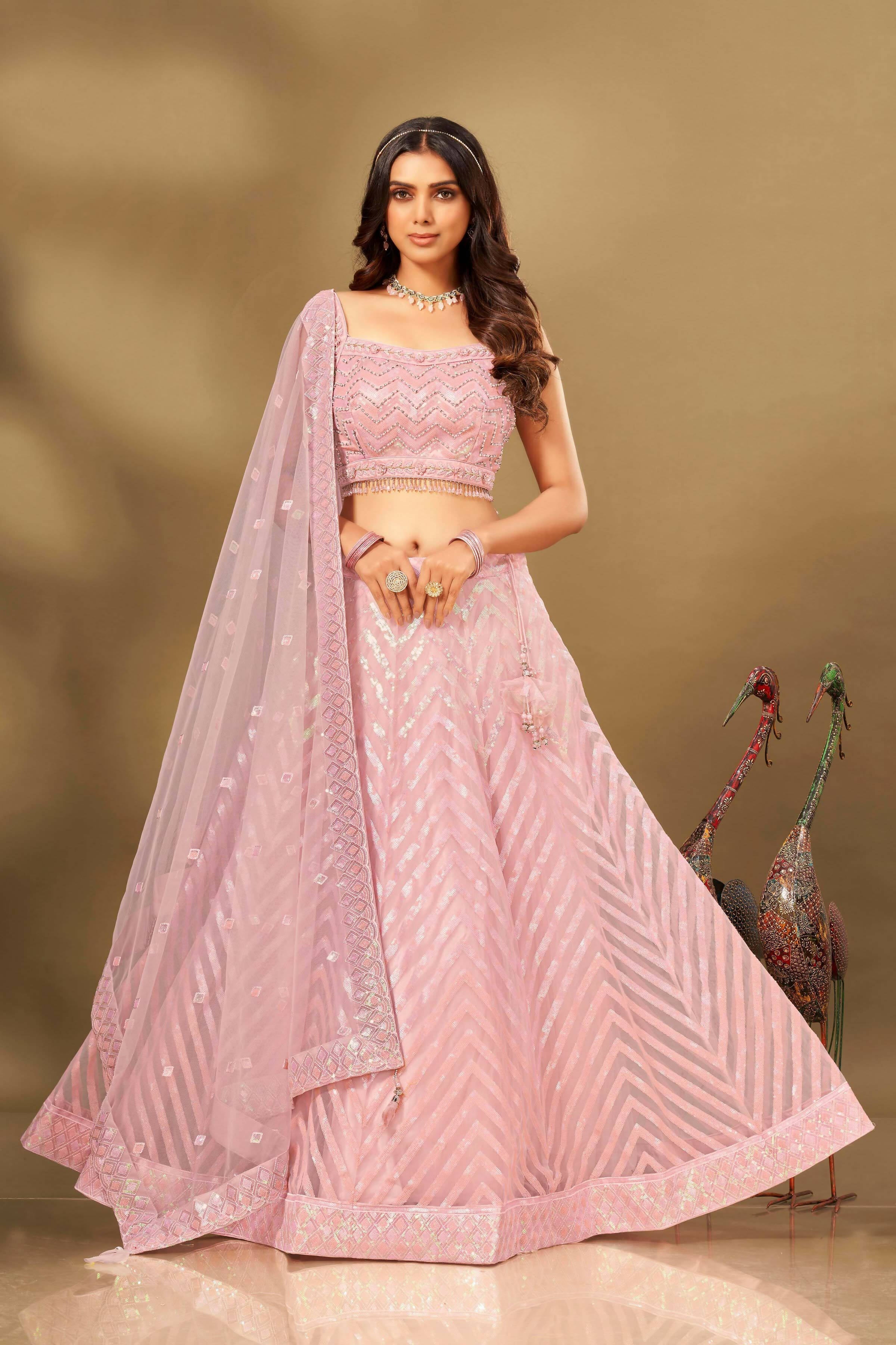 Pink Net Sequence work Lehenga Choli with Dupatta - Dhvani | Grocsy