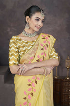 Vastranavya Gold Soft Crush Georgette Thread Embroidery work of Leaf Pattern with Patched Lace Border Saree | Grocsy