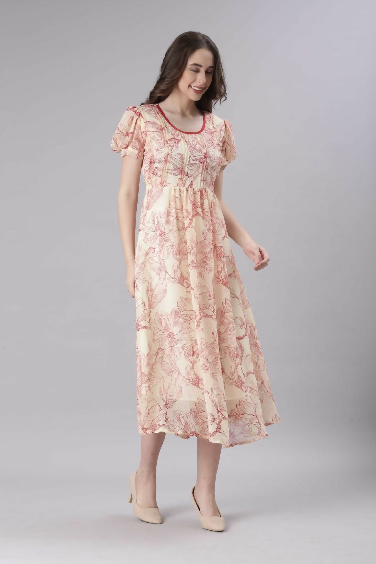 Souchii Cream & Red Floral Printed Fit & Flare Dress | Grocsy