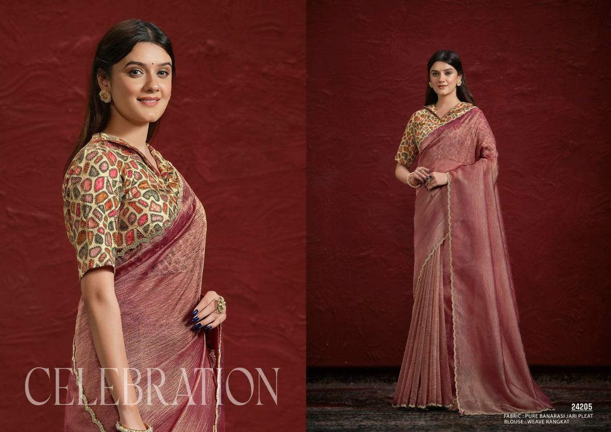 Light Maroon Pure Banarasi Jari pleat Stone with Handwork Saree with Stitched Blouse - Mohmanthan Aaina | Grocsy