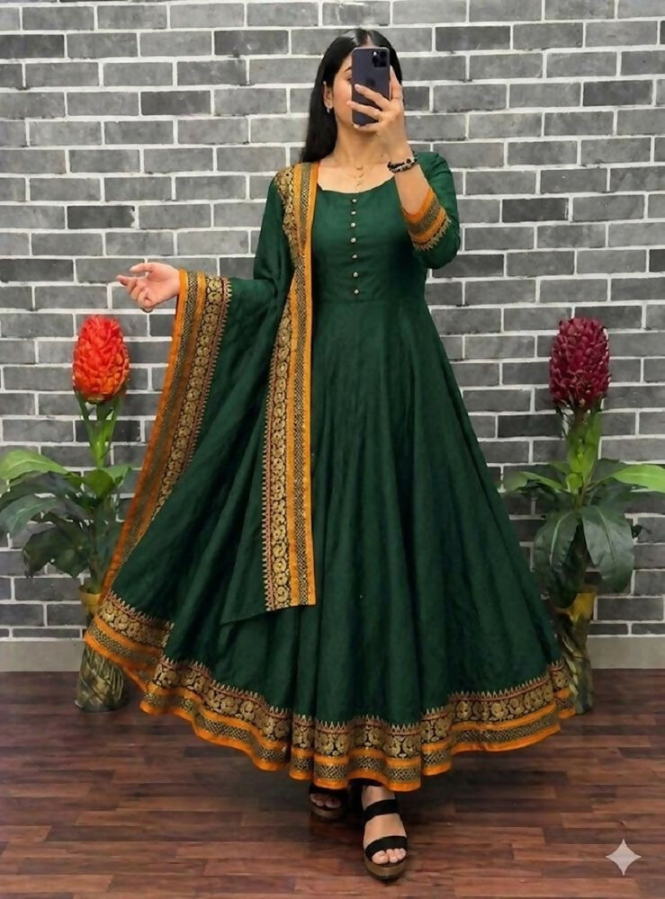 Teeya Creation New Trendy Stylish Green Solid Anarkali Kurta with Traditional Golden Border Dupatta Set | Grocsy