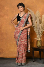 Very Much Indian Handblock Printed Cotton Saree With Natural Dyes - Orange | Grocsy