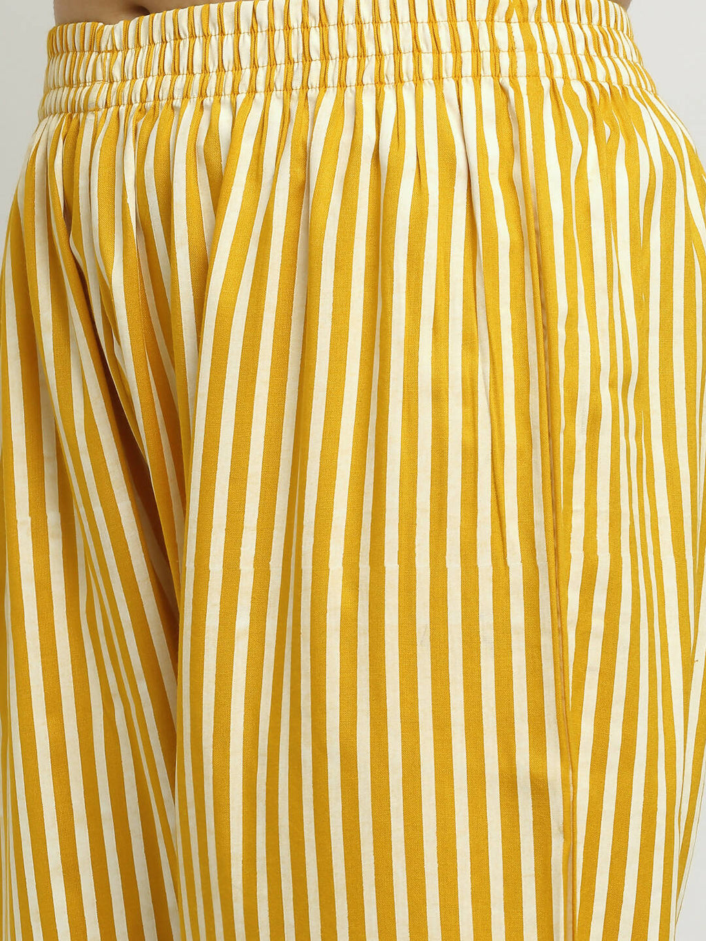 Rudra Bazaar Mustard Printed Bell Sleeve Straight Kurta with Striped Pyjamas | Grocsy