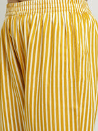 Rudra Bazaar Mustard Printed Bell Sleeve Straight Kurta with Striped Pyjamas | Grocsy