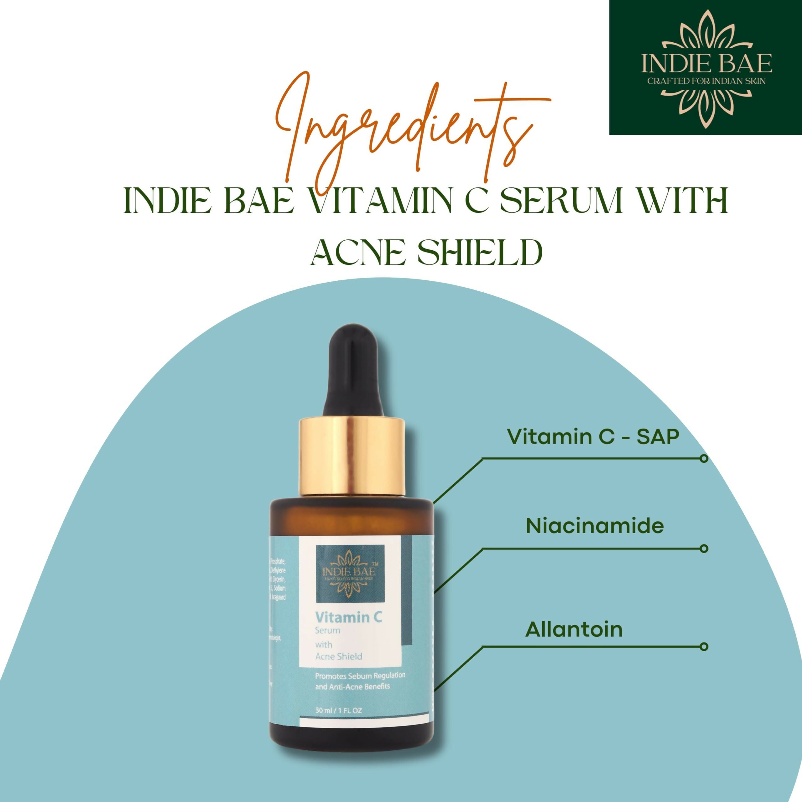 Indie Bae Crafted For Indian Skin: Vitamin C Serum With Acne Shield | Grocsy
