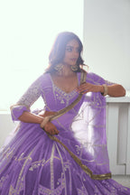 Eilara Lavender Purple Net Embroidered Flared Style Lehenga | Grocsy