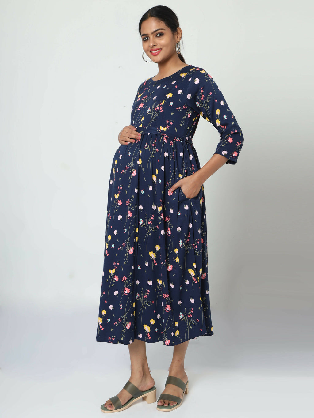 Manet Three Fourth Maternity Dress Floral Print With Concealed Zipper Nursing Access - Navy Blue | Grocsy