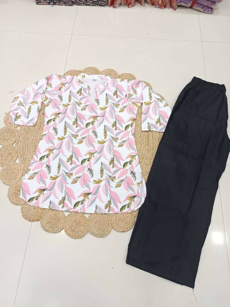 Teeya Creation Womens New Trendy Pink Flower Floral Printed Short Kurti with Beige Palazzo Set | Grocsy