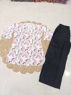 Teeya Creation Womens New Trendy Pink Flower Floral Printed Short Kurti with Beige Palazzo Set | Grocsy