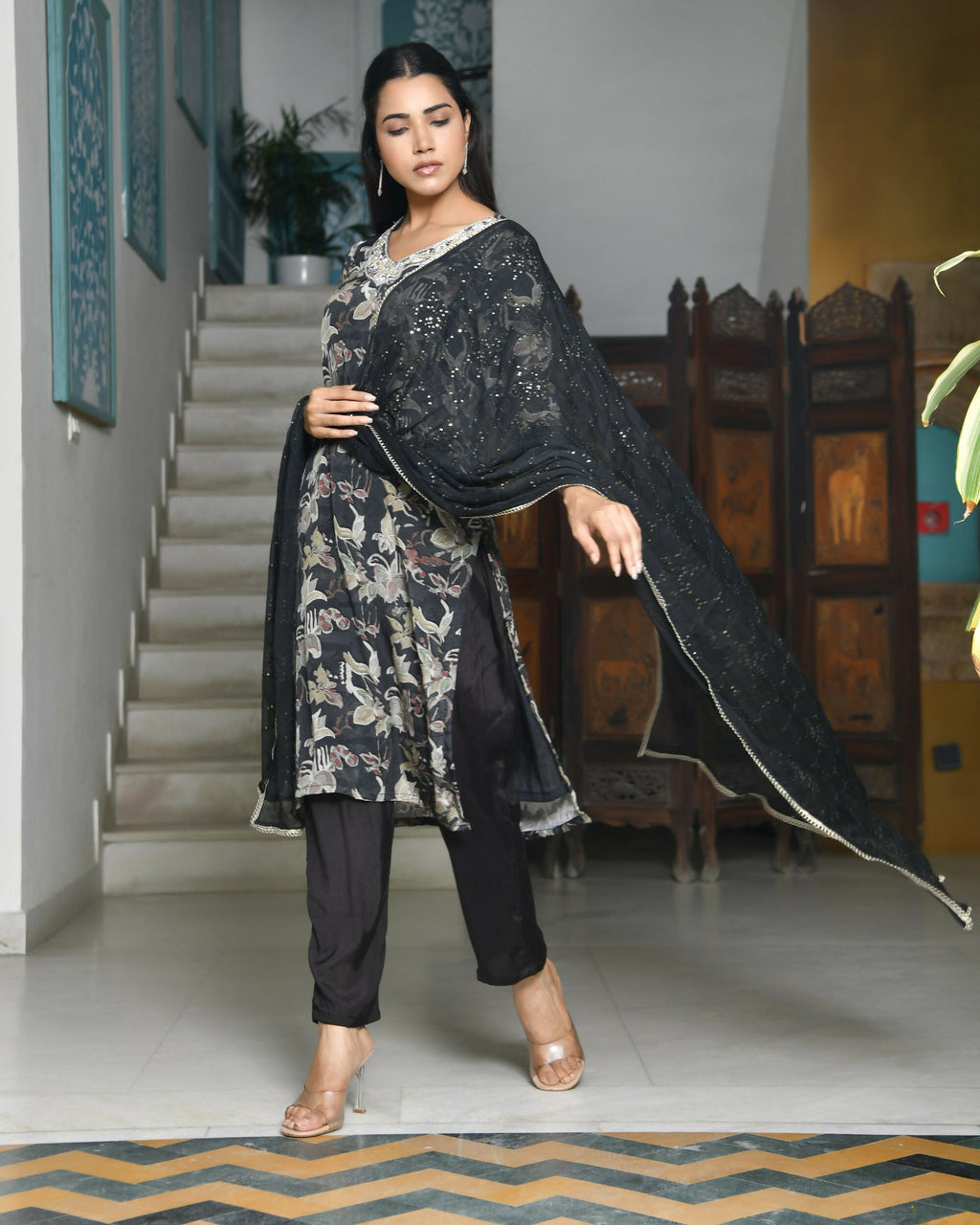 Vaasva Women's Black Crepe Embroidered Suit Set | Grocsy