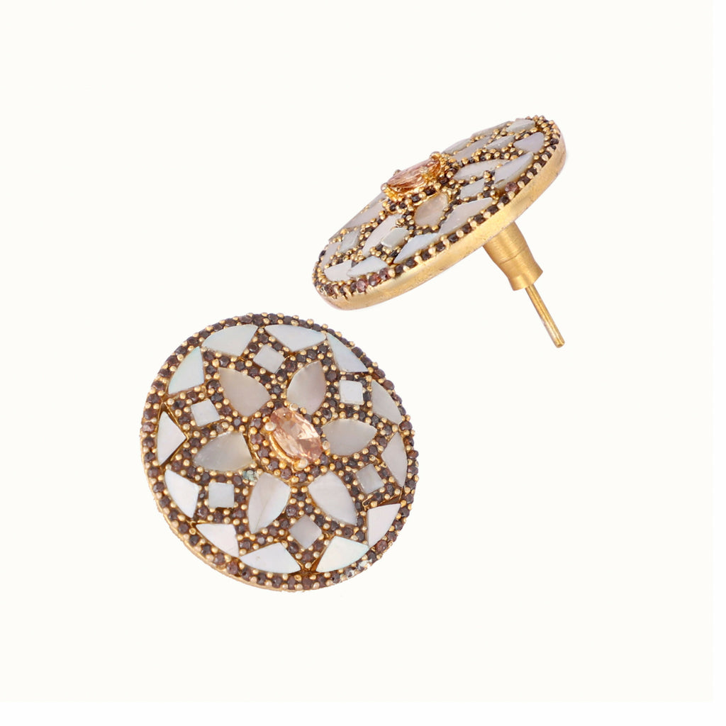 Nuyug 22K Gold Plated Mother of Pearls and Stone Studded Contemporary Floral Shaped Studs | Grocsy