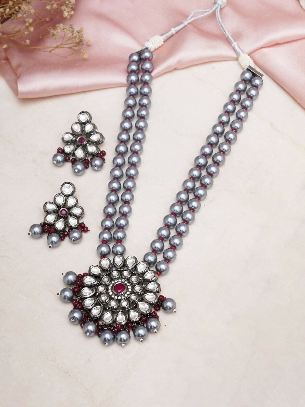 Long Kundan Neckpiece with Earrings with Multi Stones Jewellery Set (Grey) - Ruby Raang | Grocsy