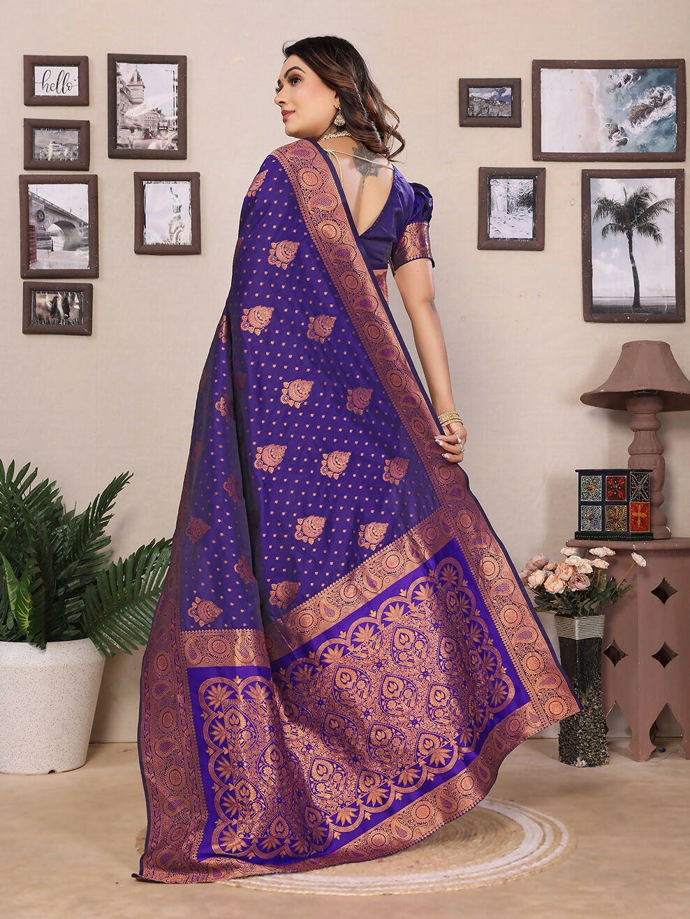 Joban Fashion Banarasi Navy Blue Woven Soft Silk Saree | Grocsy