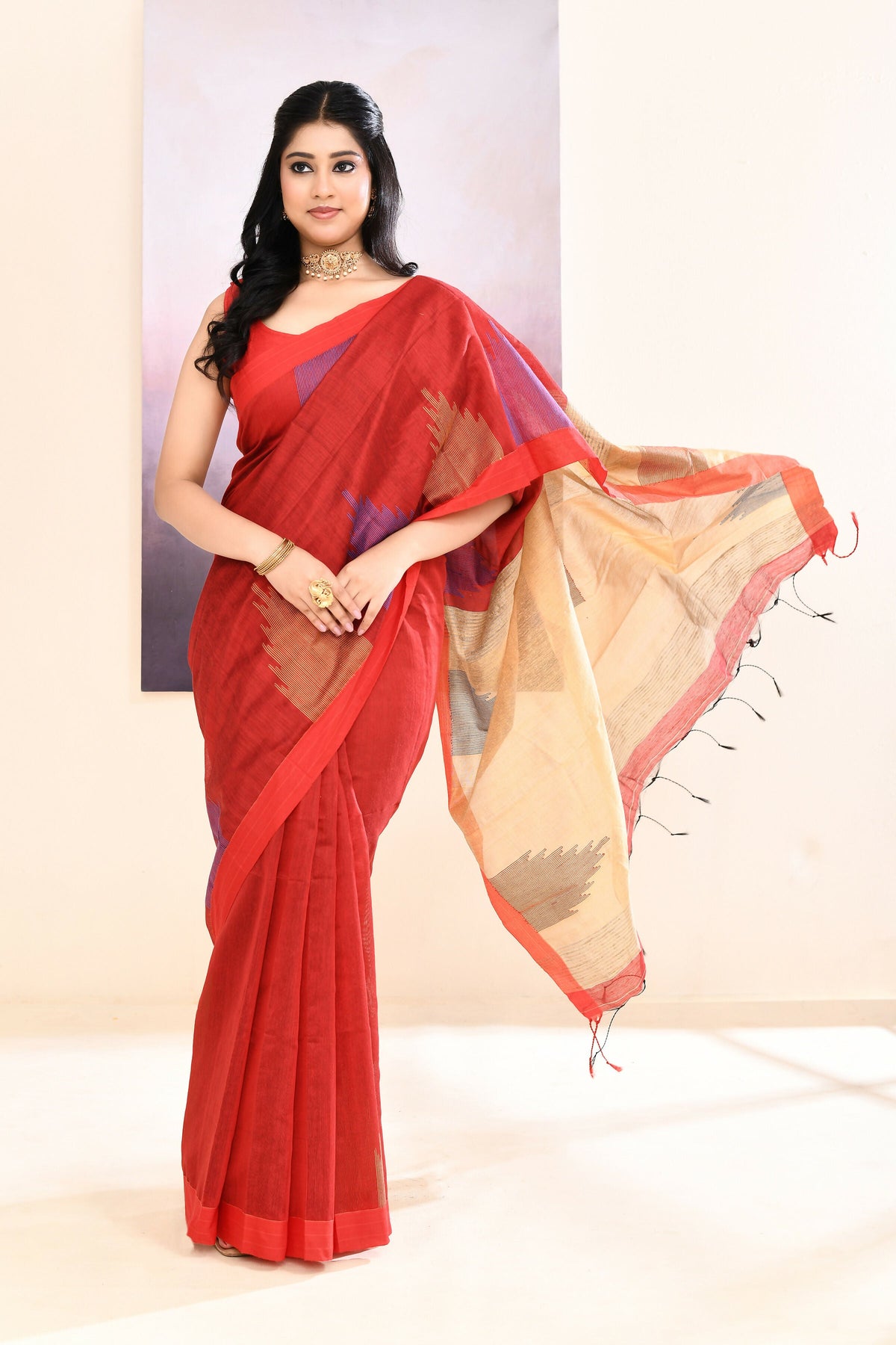 Piyari Fashion Women's Maroon Temple Border Embellished Cotton Blend Jamdani Saree | Grocsy