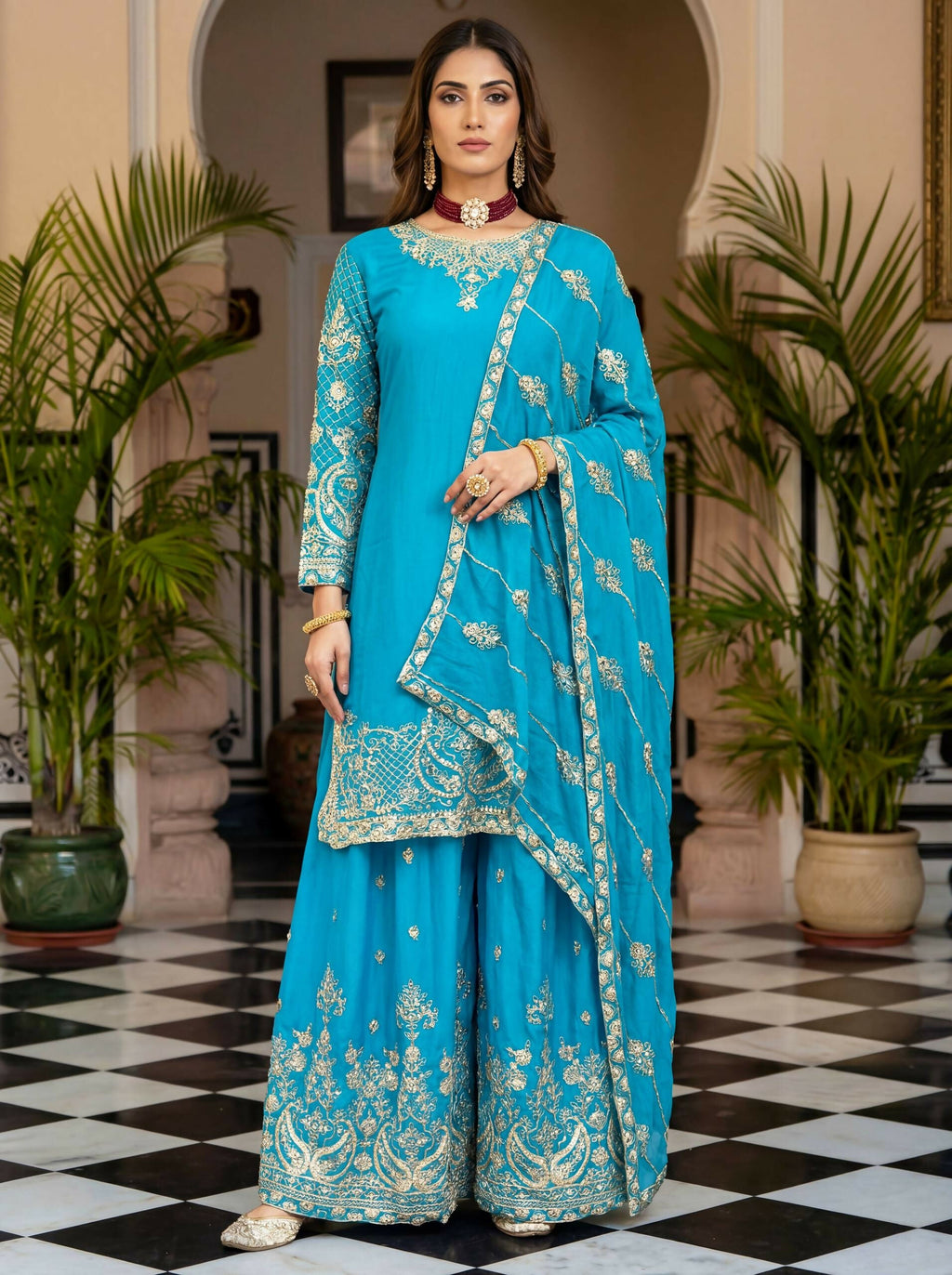Teeya Creation New Trendy Traditional Wear Sharara with Heavy Border Dupatta Set - Sky-Blue | Grocsy