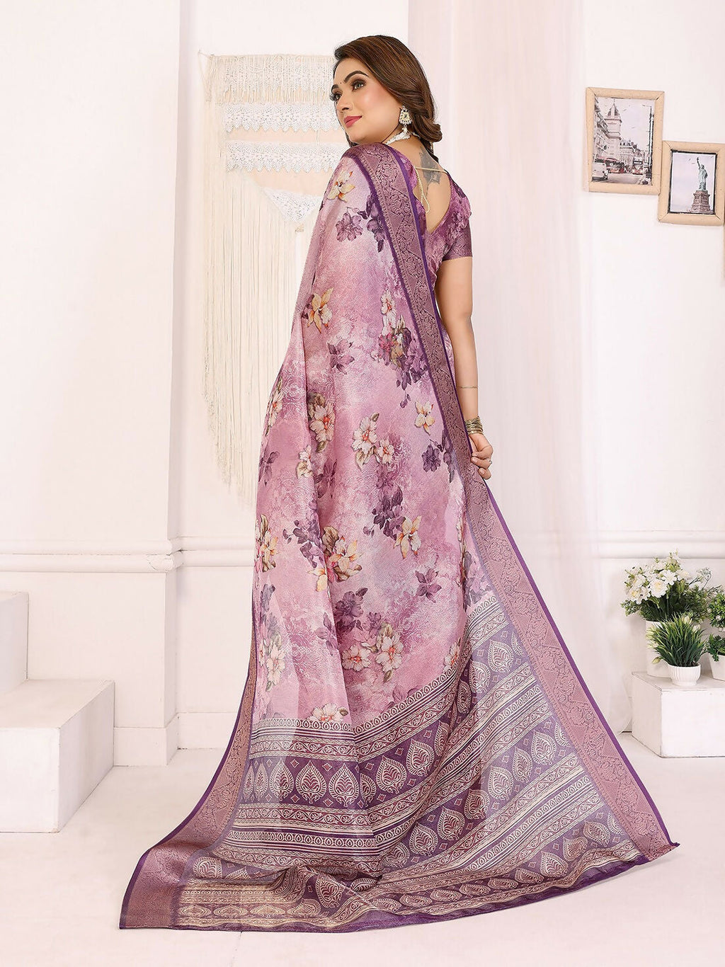 Joban Fashion Purple Floral Print pattern Banarasi Silk Sarees | Grocsy