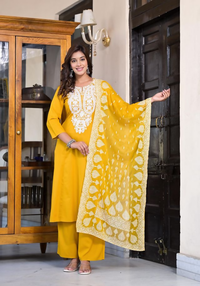 Juniper Women's Mustard Thread Embroidered Rayon Kurta Set | Grocsy