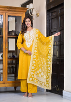 Juniper Women's Mustard Thread Embroidered Rayon Kurta Set | Grocsy