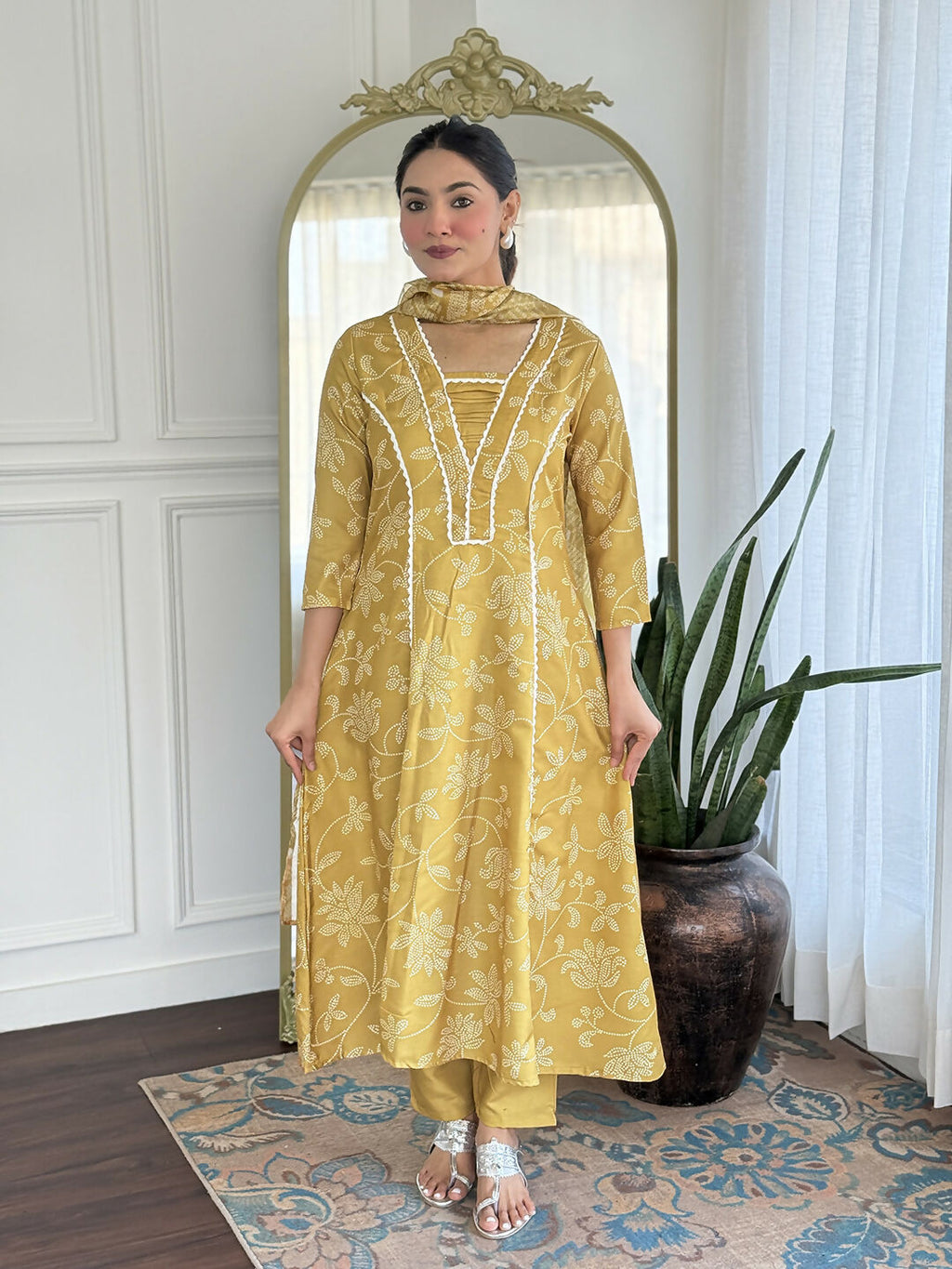 The52 Women's Beautiful Rayon Fabric Printed Work A-Line Kurta Pant and Dupatta Set | Grocsy