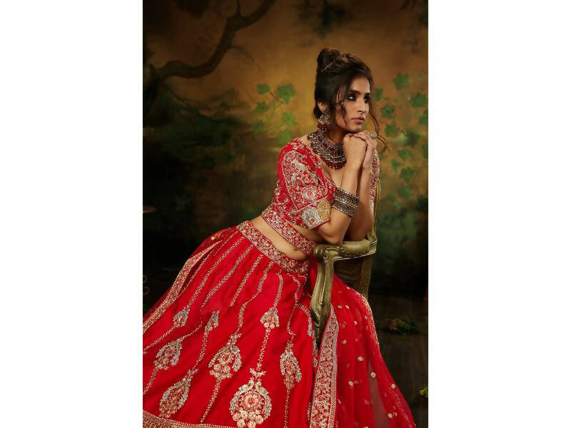 House of Panchhi Red Pure Silk Moti & Zarkan heavy embroidery Lehenga choli & Dupatta | Grocsy