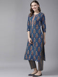 Yufta Women Blue and Red Ethnic Motifs Pure Cotton Kurta with Trouser and Dupatta | Grocsy