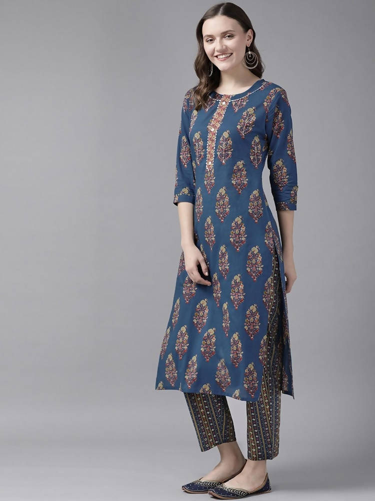 Yufta Women Blue and Red Ethnic Motifs Pure Cotton Kurta with Trouser and Dupatta | Grocsy
